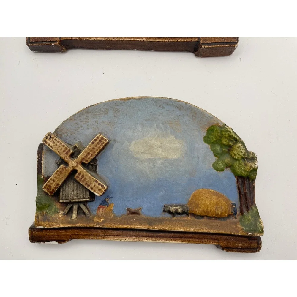 Set Of 2 Vintage Chalkware Wall‎ Art Handpainted Windmill Sculpture Pictures